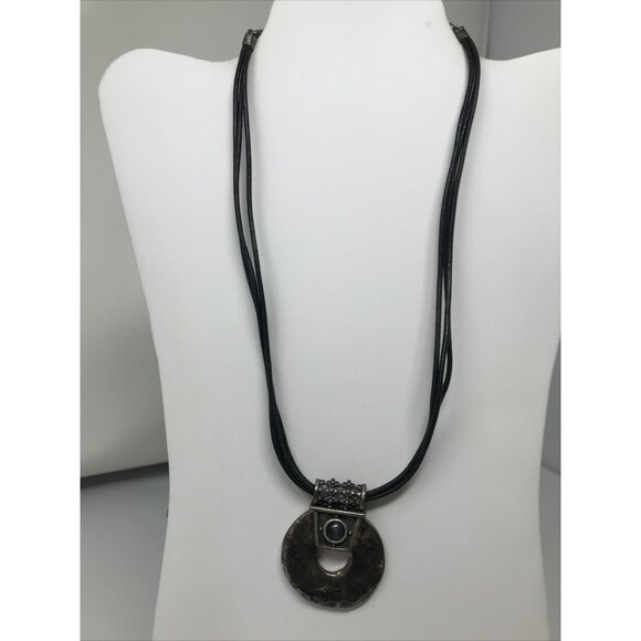 CHICO'S Necklace Open Circle Pendant Dark Patina Silver Tone Black Cord BOHO - Picture 2 of 7